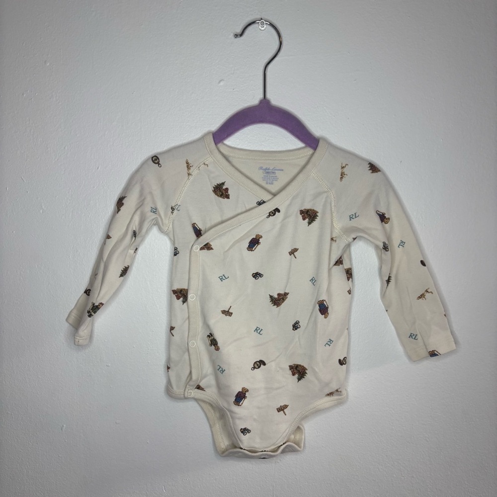 Ralph Lauren Cream Baby Polo Bear Wrap Bodysuit with Tiny Prints